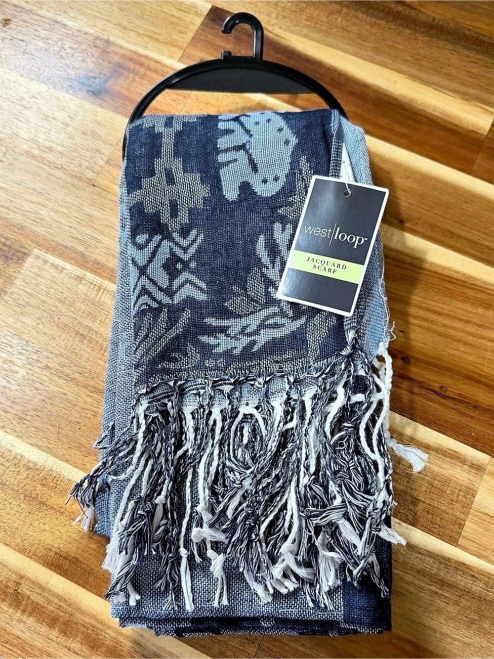 West Loop Navy Gray Southwestern Jacquard Fringe Scarf NWT